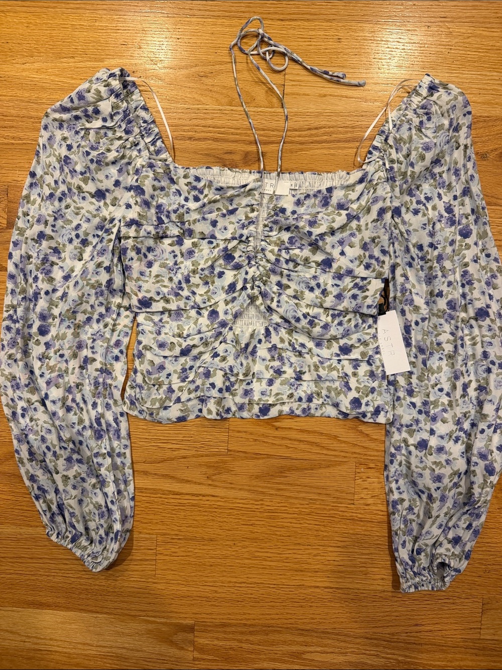NWT Astr purple/blue and Green Floral Smocked Long-Sleeve Crop Top